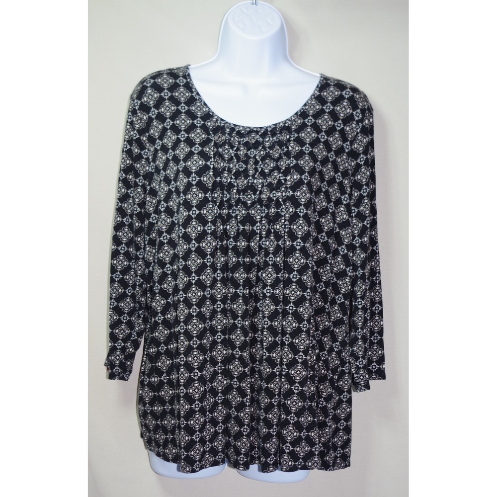 Croft & Barrow Womens Large Black White Geometric Medallion Pleated Blouse Top